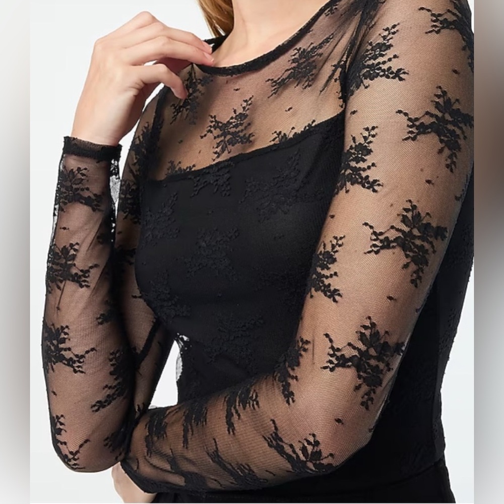 NWT J. Crew black lace long sleeve top size Medium. Stretchy and slimming.